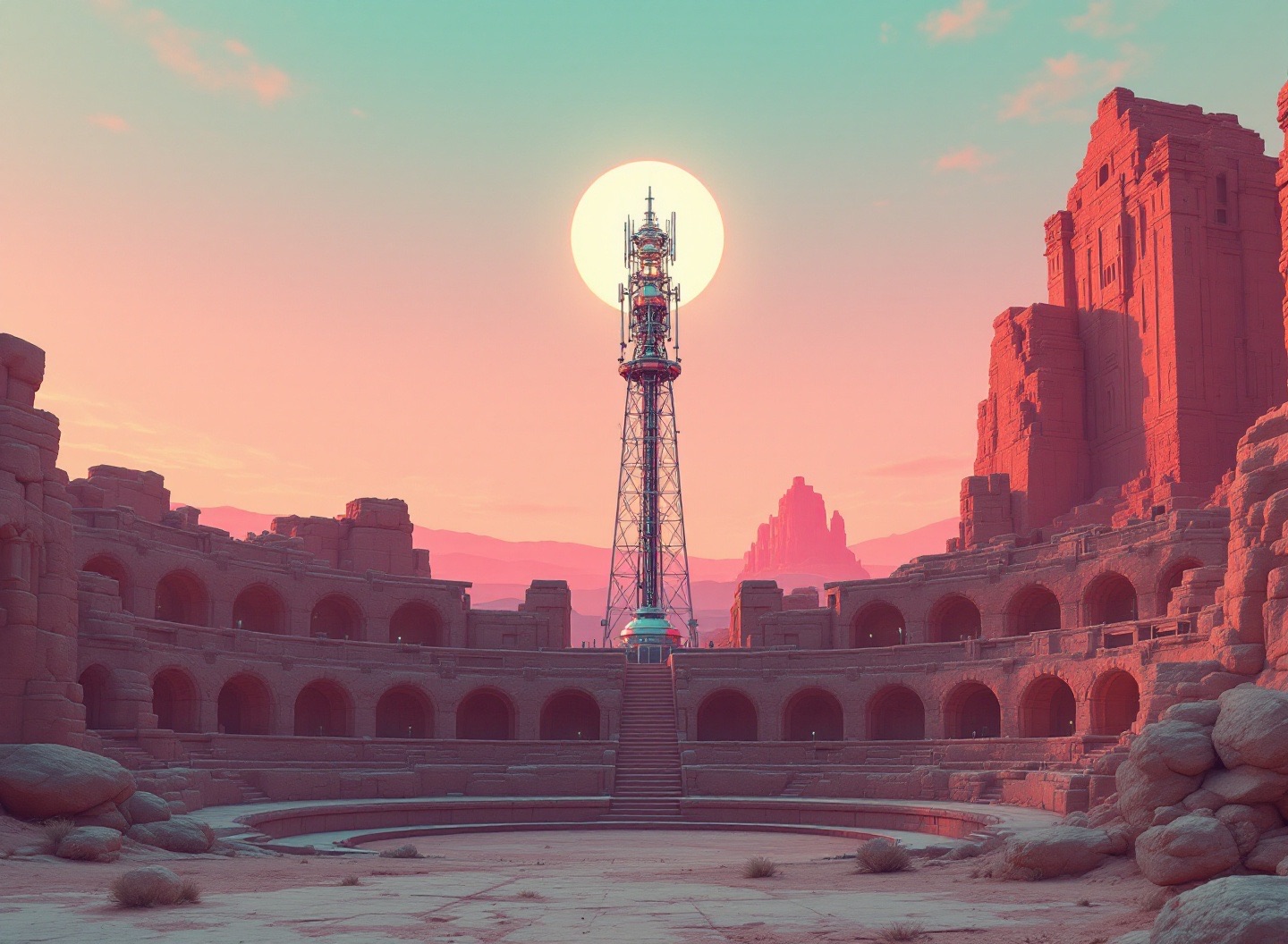 Futuristic Radio — une tour de diffusion s'élevant d'un amphithéâtre antique